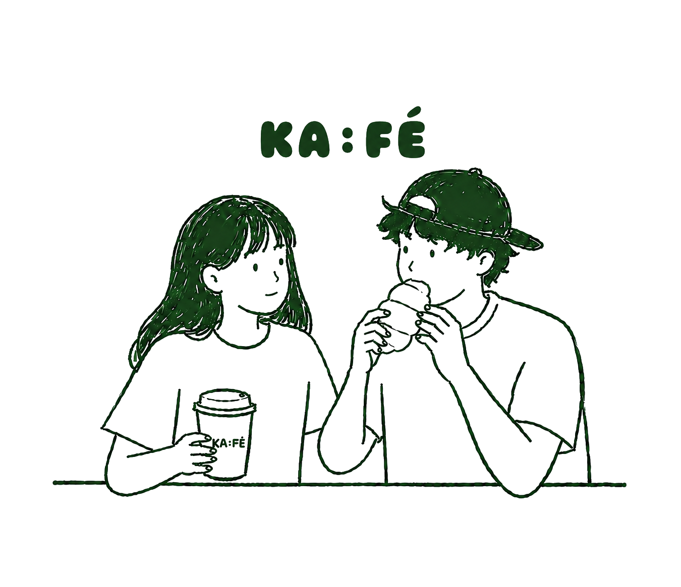 A couple at a counter — she holds a KA:FÉ cup, he eats a salt bread